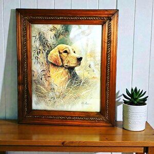 Vintage Ruane Manning Hunting Golden Labrador Retriever Dog Art Lithograph, Wood